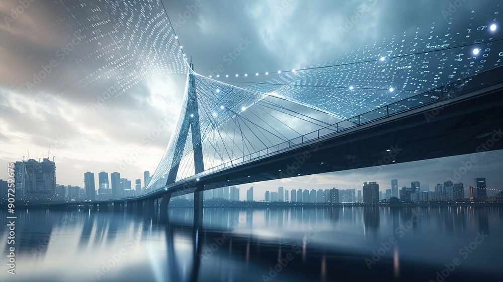 Poster futuristic bridge with digital network design over a calm body of water. cityscape in the background