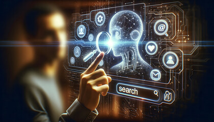 People are interacting with a futuristic search bar that's been revamped with digital icons and holographic heads.