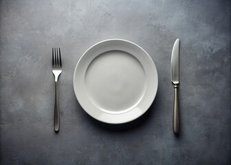 A minimalist banner with an empty plate, knife, and fork on a grey background, symbolizing the struggle against hunger and food waste on World Hunger Day.