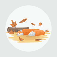 Orange Fox Flat Vector Colorful with Autumn Nature Background Elements