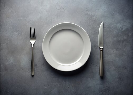 A minimalist banner with an empty plate, knife, and fork on a grey background, symbolizing the struggle against hunger and food waste on World Hunger Day. - Powered by Adobe