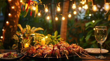Outdoor backyard barbecue with grilled chicken skewers, surrounded by festive string lights and nature, perfect for a summer party evening. copy space for text.