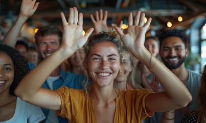 Obraz premium A diverse team of colleagues is celebrating a coworker's business success in a shared office, smiling and raising their hands for the camera.