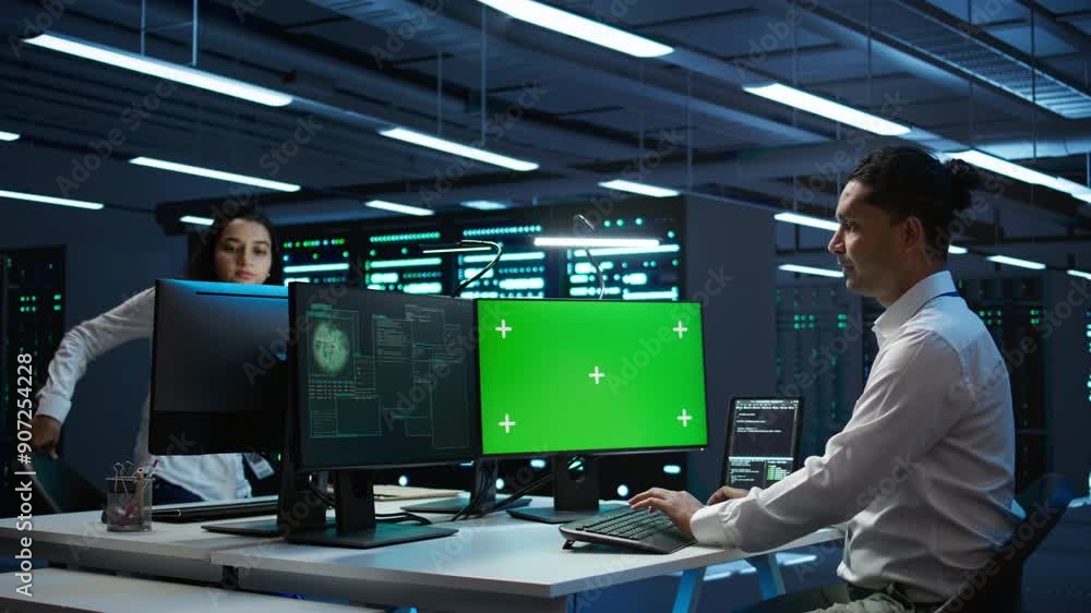 Poster engineer in server hub using green screen pc to stop hacker passing company firewall and stealing se