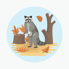 Raccoon Flat Vector Colorful with Autumn Nature Background Elements