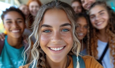 Fototapeta premium Multiracial students are happily taking a selfie outside their school, enjoying their time together and celebrating the back-to-school season.