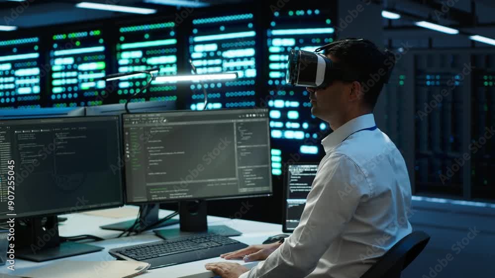 Aufkleber data center admin responsible for installation of networking systems wearing high tech vr headset. i