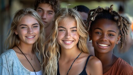 Fototapeta premium A lively group of multiracial young people is socializing and having fun on a city street, embodying friendship and a vibrant college life.