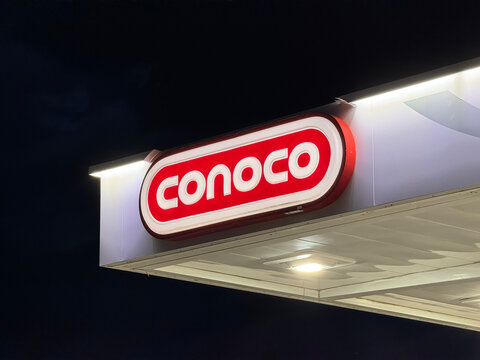 West Yellowstone, Montana,USA-June 14th 2024: Conoco brand logo on gas station