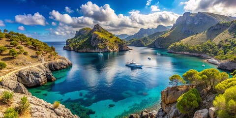 Breathtaking panorama of Mallorca's picturesque coastline featuring a stunning sea bay, luxury tourist ship, and crystal-clear waters of the Mediterranean Sea in Sa Calobra.