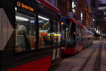 Light rail tram Sydney Australia to Circular Quay nighttime transport