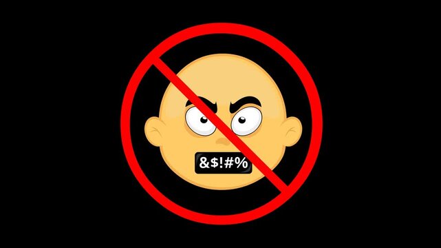 video animation emoticon yellow cartoon character, mouth censored insult text and a prohibited sign, in concept forbidden say obscene words.On a transparent background with alpha channel set to zero