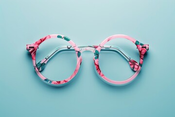A pair of glasses on a blue surface, ideal for a photography studio or office setup