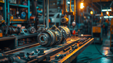 Obraz premium Car automatic transmission gearbox dismantled on workbench in auto repair shop