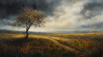 Obraz premium Tranquil Rainy Countryside: Serene Oil Painting of Lone Tree in Field