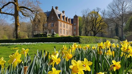 Obraz premium Yellow daffodils in front of Castle