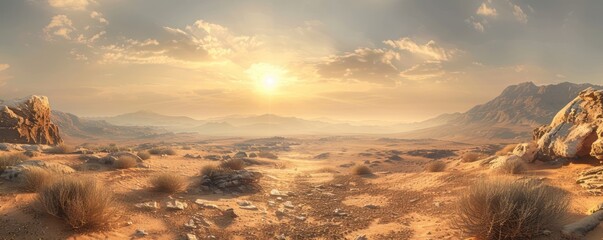 Overcast Desert Landscape with Golden Sunset, Arid Scenery, Dry and Dusty Outlook, Mountain Ranges in Distance, Sand Dunes, Dramatic Sky, Hazy Horizon, Nature Photography, Beautiful Desert Views