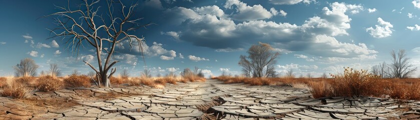 Dry, Cracked Earth Track Through Barren Landscape with Dead Trees and Blue Sky, Scenic Dry Track, Dry Track Scene, Barren Landscape Photo