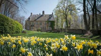 Yellow daffodils in front of Castle