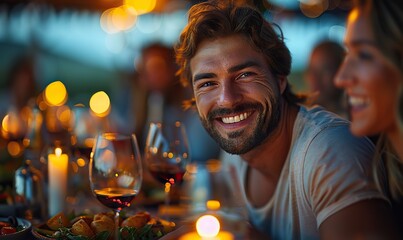 A group of friends smiles and enjoys a dinner party at home, savoring delicious food and red wine, embodying a joyful and vibrant lifestyle.