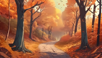 Fototapeta premium anime cartoon forest road fall autumn changing leaves foliage orange background wallpaper room for copy
