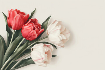 Fototapeta premium A beautiful arrangement of red and white tulips against a light backdrop, symbolizing love and elegance in floral design.