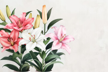 A beautiful arrangement of lilies in pink, white, and yellow against a subtle background, symbolizing elegance and grace.