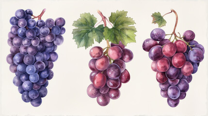 Fototapeta premium A beautiful illustration showcasing three varieties of grapes with rich colors and detailed textures against a soft background.