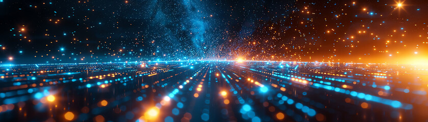 Fototapeta premium Digital blue and orange lights, perspective view, futuristic and dynamic scene.