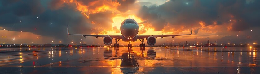 Fototapeta na wymiar Airplane being loaded at sunset, bustling activity, warm glow, twilight setting