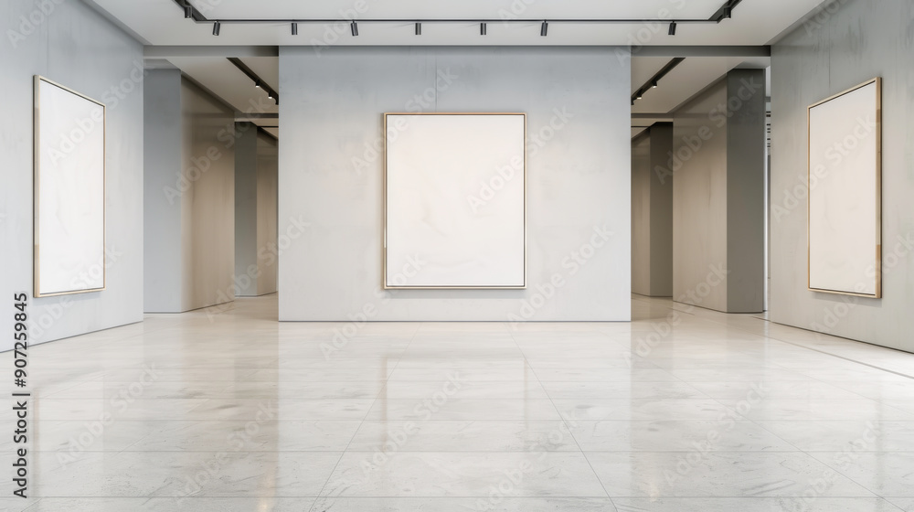 Poster a contemporary gallery with blank frames ready for art display, emphasizing minimalist design and sp