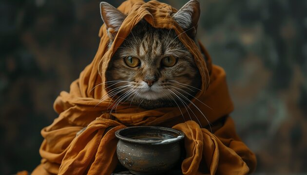 Cat dressed as a monk, dark background, holding a bowl, serious and whimsical