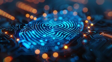 Digital fingerprint, blue circuitry background, closeup, glowing details