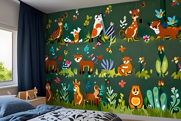 Children's bedroom wall wallpaper is decorated with natural paintings of cute animals and plants. Generative AI