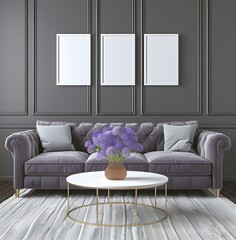 Modern Living Room Interior with Grey Sofa, Purple Flowers and White Frames