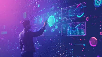 Big data analytics with AI technology. Data analyst analyzing and visualizing complex information network with artificial intelligence. Machine learning algorithm for business analytics and finance. 