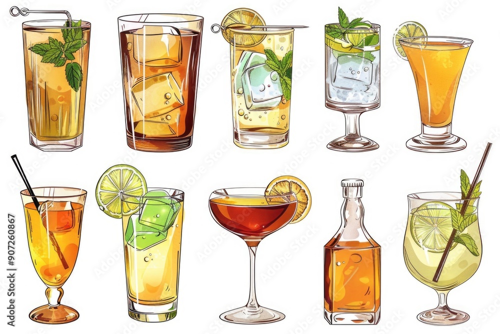 Poster a collection of various beverages with high and low proof, perfect for showcasing in a bar or restau