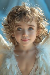 Fototapeta premium Smiling child dressed as an angel, blue background, soft lighting, joyful expression