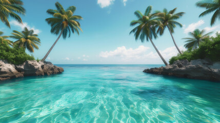 Fototapeta premium A tropical paradise features calm turquoise water, swaying palm trees, and a serene sky, perfect for relaxation and tranquility.