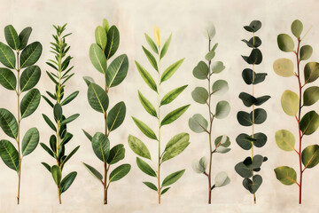 Beautiful collection of assorted leaves on a soft background, perfect for nature-themed designs and botanical illustrations.