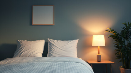 Cozy bedroom interior featuring a bed, two fluffy pillows, and a warm lamp illuminating the serene atmosphere.
