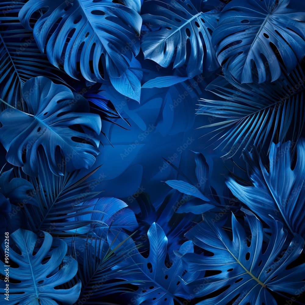 Wall mural Collection of tropical leaves,foliage plant in blue color with space background