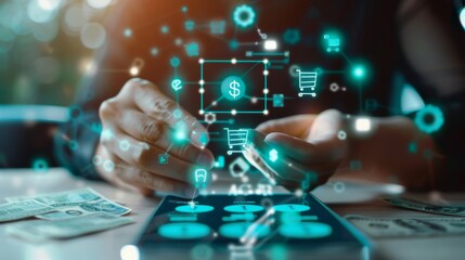 Fototapeta premium Digital Banking and Financial Technology Concept. A person presents digital banking and financial technology icons, and currency symbols, emphasizing modern online payment systems and e-commerce.