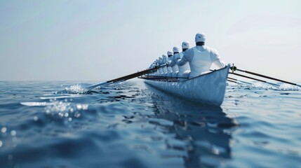 A group of rowers are rowing a boat in the ocean. The water is calm and the sky is clear