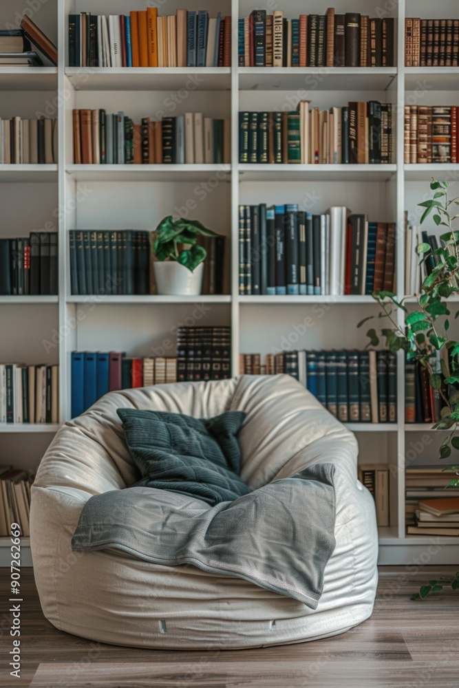 Poster a comfortable reading nook with a bean bag chair and a bookshelf filled with books