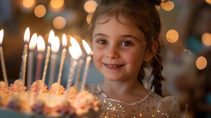 Naklejka premium Joyful Birthday Celebration With Brightly Lit Candles and a Happy Girl Smiling in a Festive Setting. Generative AI