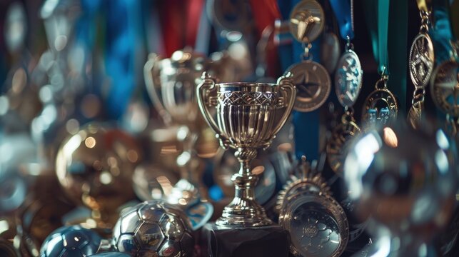 A collection of medals and trophies, including a gold cup, are displayed on a table. Concept of achievement and success, as the various awards represent different accomplishments in various fields