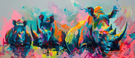 A painting of four rhinos with colorful paint