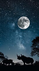 Two rhinos are walking in the night sky, with a full moon in the background