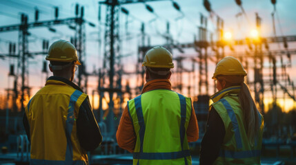 Three workers in safety gear inspecting an electrical substation at sunset, ensuring operational efficiency and safety.